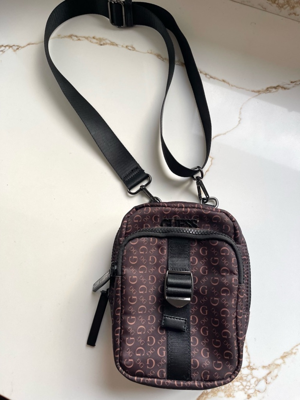 Guess Brown Monogram Crossbody Pouch Bag